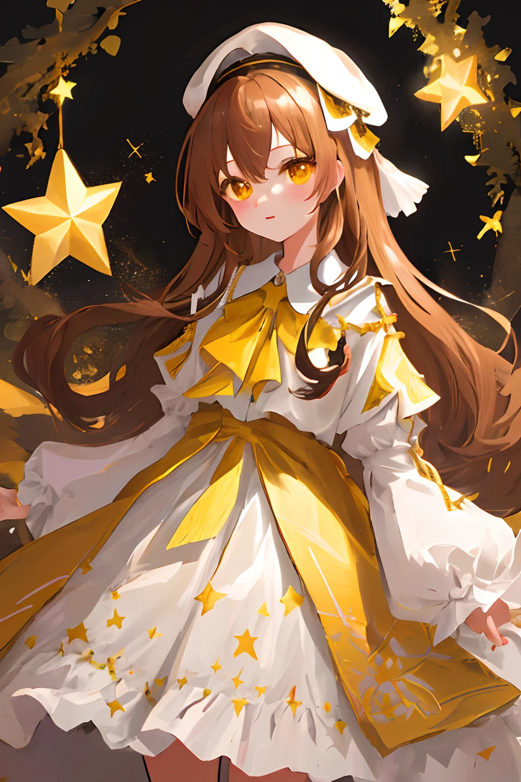 (Best Quality)),((masutepiece)),((Ultra-detailed)),(Illustration),(Detailed light),(extremely delicate and beautiful),(8K、1girl in、Lori)、Silvery hair、Yellow eyes、Dresses based on brown、Dresses with the image of stars、Dresses that are easy to move in、(Brown dress)Background Simple、The upper part of the body、Delicate eyes、Star Eyes、Stars in the eyes、Viewer's Perspective、Long、Adventure hat、Pilot's Cap、