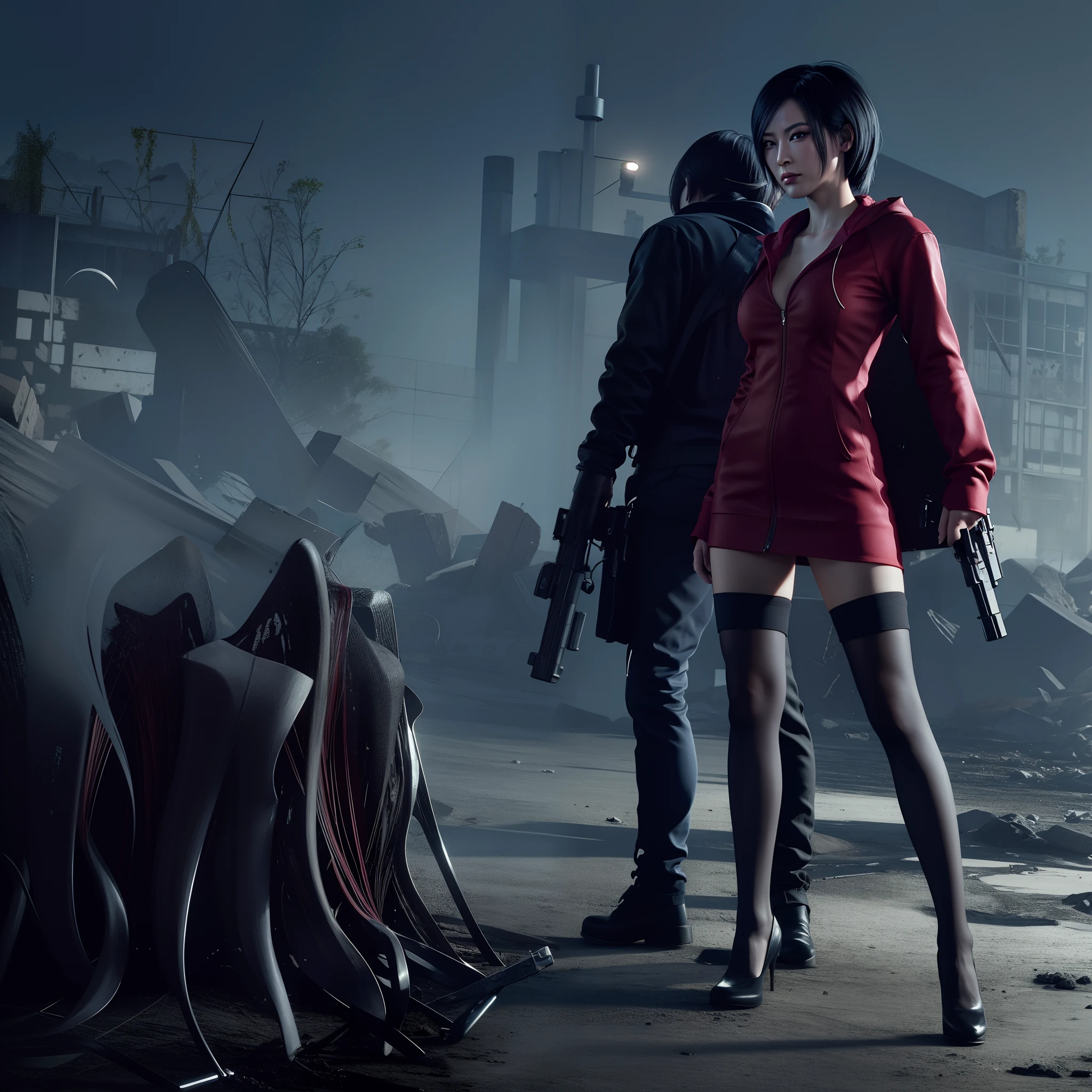 Ada wong, beautiful face, bob hair, perfect Face, wearing mini red rose dress hoody, black nail polish, glare expression, holding a gun