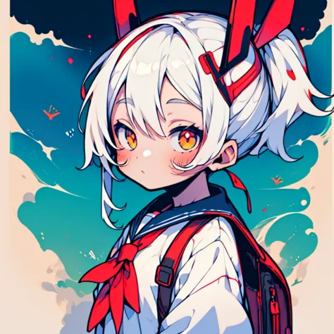 (masutepiece, super detail, high detailing, best quality, 8k,girl with,a sailor suit,a school bag,white hair,red eyes,half twin ...