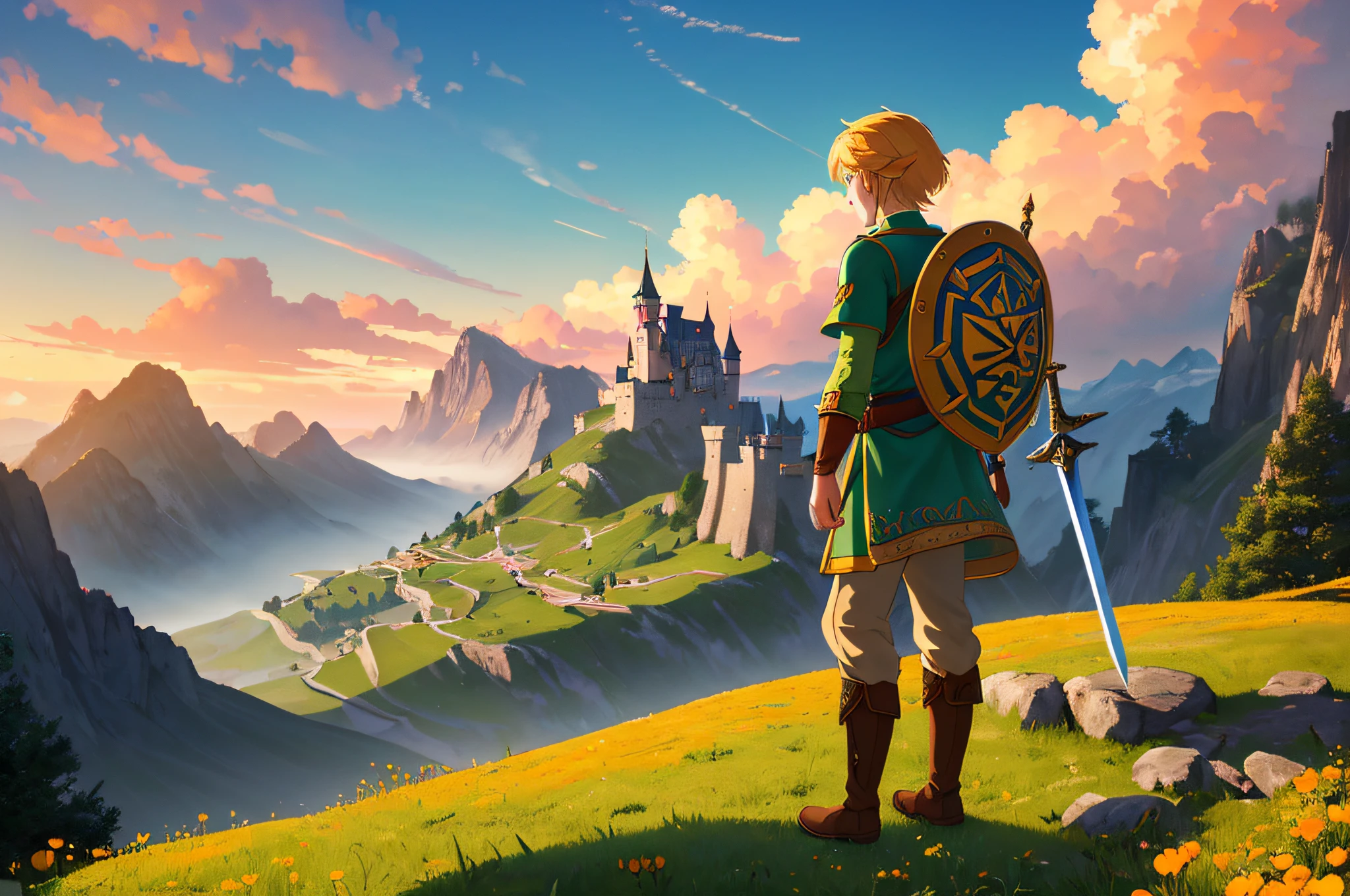 (best quality, 4k, high resolution, masterpiece: 1.2), ultra detailed, realistic,a young man standing on a cliff looking at a great landscape. The young man is wearing a green tunic, brown pants and boots. He has a sword and a shield on his back. The landscape is made up of mountains, valleys and a castle in the distance. The sky is full of orange and yellow clouds, and the sun shines through them. The colors of the image are vibrant and the atmosphere is adventurous. Image taken from the Zelda game