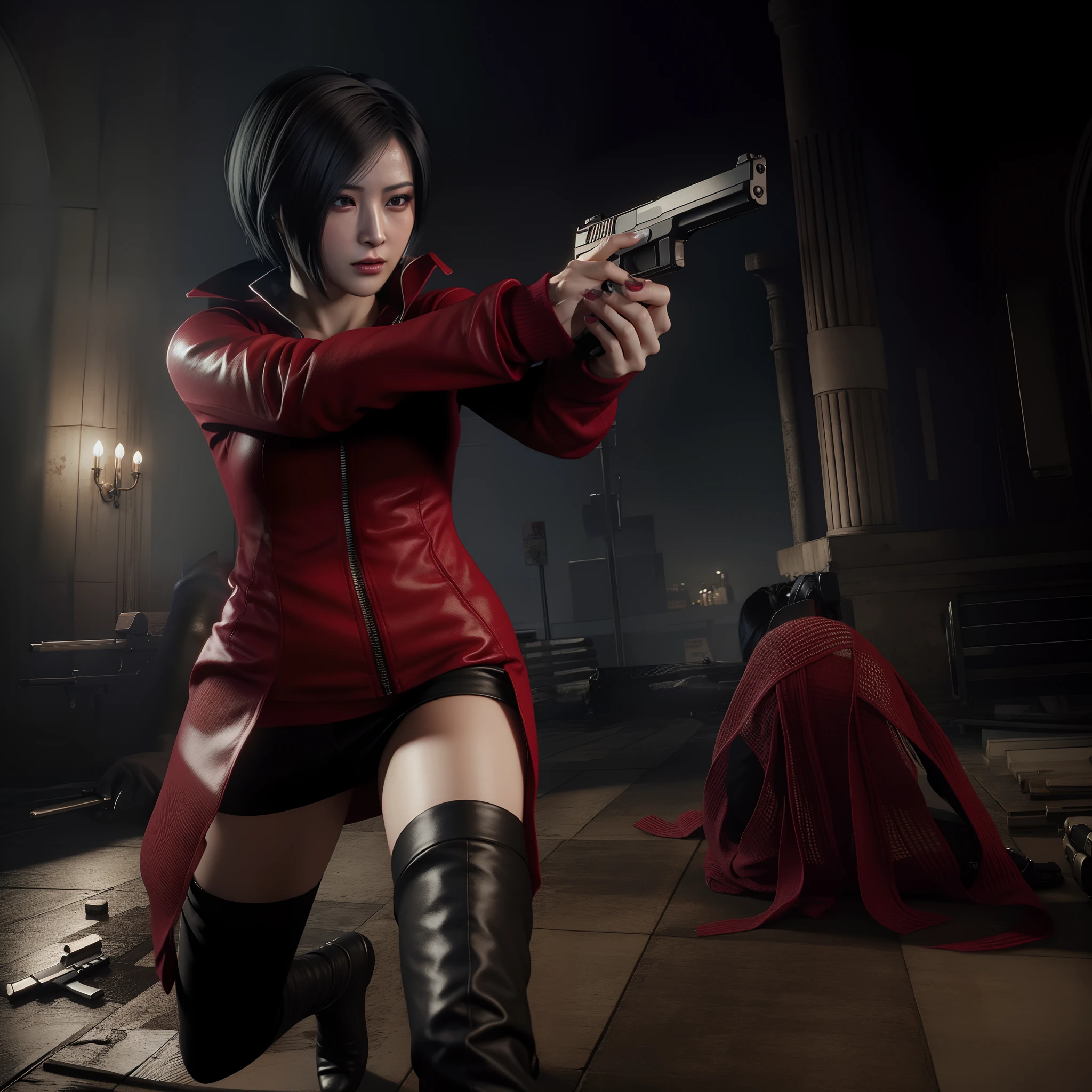 Ada wong, beautiful face, bob hair, perfect Face, wearing mini red rose dress hoody, black nail polish, glare expression, holding a gun