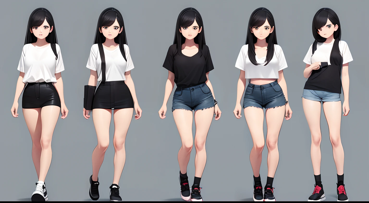 create a female character model, with long black hair, a white shirt, short shorts and shoes, manga style
