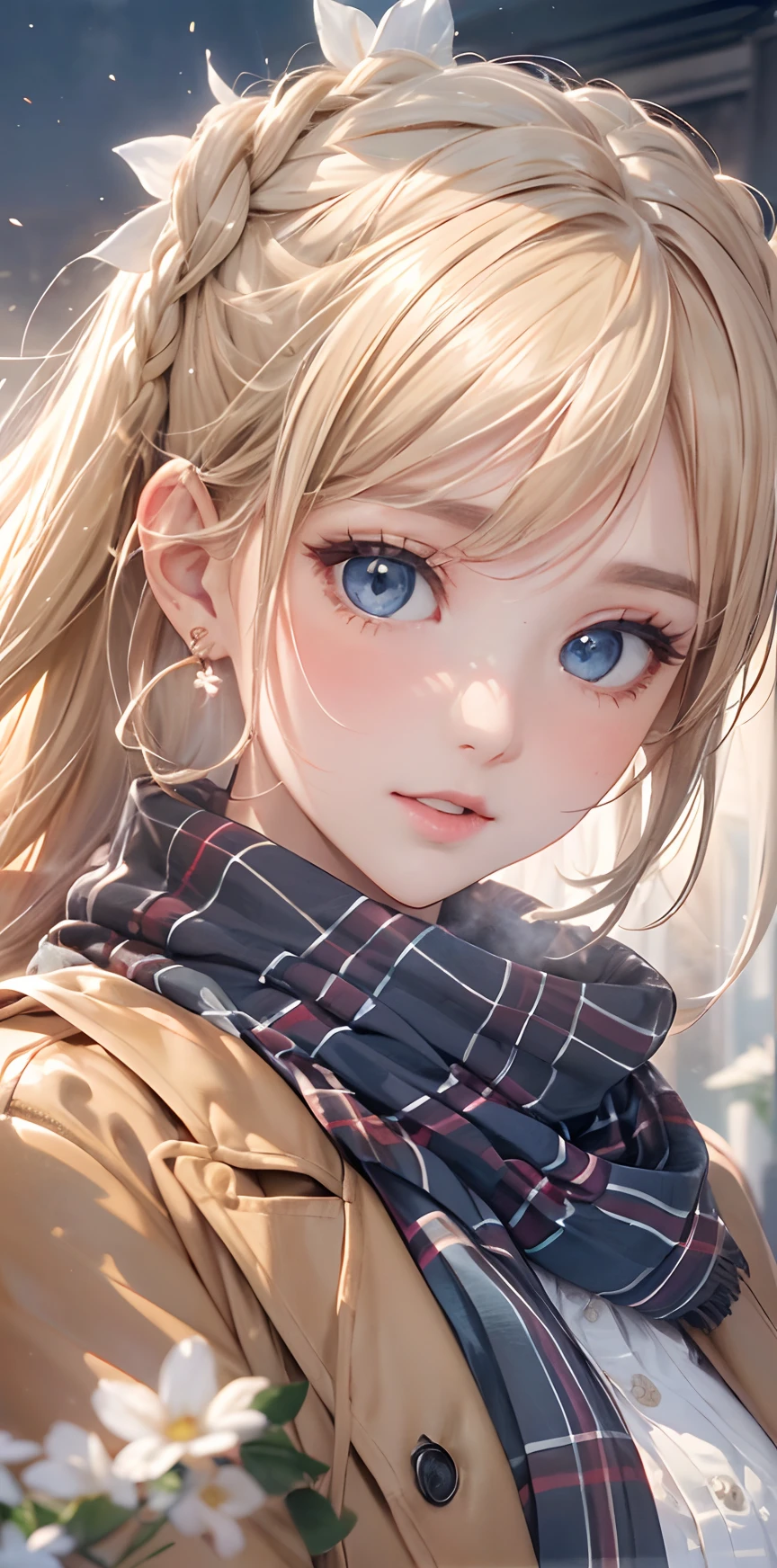 (​masterpiece),(top-quality:1.2),1girl in,(masuter piece:1.3),exquisitedetails, Highest quality 8K resolution, Ultra-detailed, Realistic, Vibrant colors, Soft tones, With warm and gentle lighting,(Beautiful plaid scarf:1.3),(Preet Pink Ruffled Ribbon Dress,) (Brown long coat:1.2) early evening,Big sunset,(Smooth straight blonde hair:1.2),(Hair parted in the middle:1.3),(Glowing hair),(Dark blue eyes:1.3),White skin, hair clips,Overflowing soft and gentle feelings,(The promenade is full of flowers),The sun's rays illuminate joy and pure love, Warm golden glow,The atmosphere is full of happiness and laughter, As if celebrating love,Sticking to ultra-detailed depictions and vivid colors. In a style that blends romanticism and realism、You can feel the depth of love,color palettes,Create an ethereal atmosphere like a dream,and the lighting is soft and diffused, Shine a gentle light on your face,The artwork is a masterpiece,