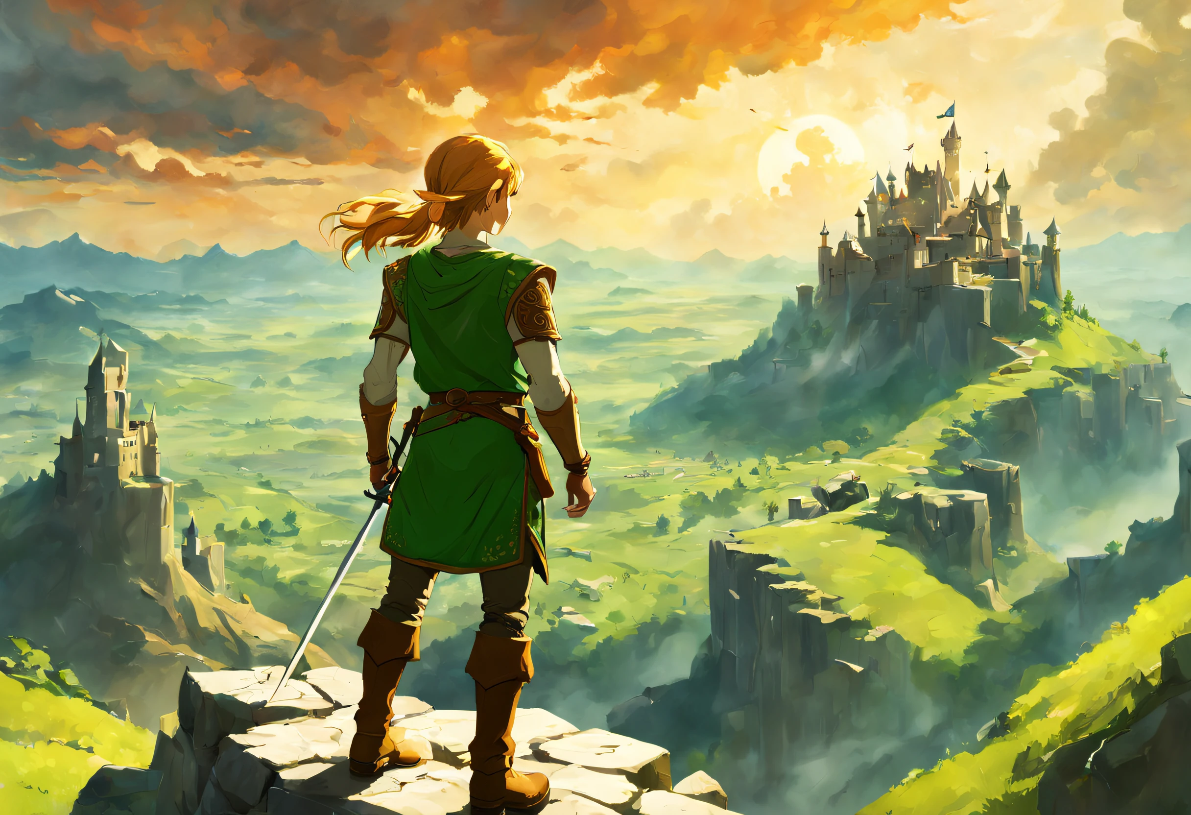 (best quality, 4k, high resolution, masterpiece: 1.2), ultra detailed, realistic,a young man standing on a cliff looking at a great landscape. The young man is wearing a green tunic, brown pants and boots. He has a sword and a shield on his back. The landscape is made up of mountains, valleys and a castle in the distance. The sky is full of orange and yellow clouds, and the sun shines through them. The colors of the image are vibrant and the atmosphere is adventurous. Image taken from the Zelda game