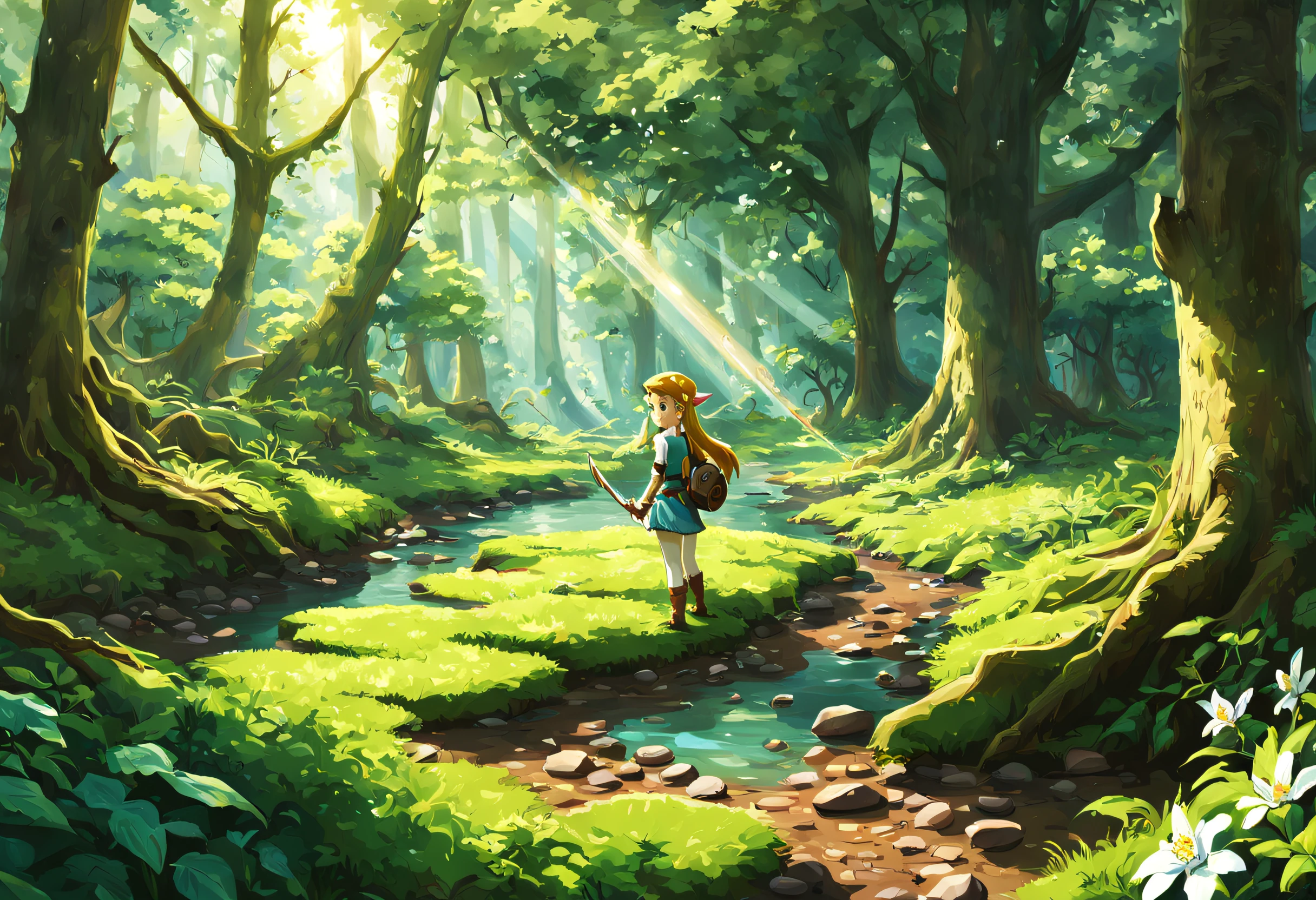 (Meilleure qualité, 4k, haute résolution, chef-d&#39;œuvre: 1.2), ultra détaillé, Réaliste,La princesse de Zelda dans une clairière luxuriante et vibrante avec la lumière du soleil filtrant à travers les arbres. La scène est remplie d&#39;arbres centenaires imposants couverts de mousse et de vignes, créant un sentiment de mystère et d&#39;enchantement. Le sol est recouvert d&#39;un tapis luxuriant de fleurs colorées et d&#39;herbes hautes., donner à la scène une atmosphère fantaisiste. Les rayons du soleil brillent à travers la cime des arbres, projetant des ombres tachetées sur le sol forestier. Au centre de la clairière se trouve une rivière cristalline qui coule doucement et dont l&#39;eau est cristalline.. Le bruit de l&#39;eau qui coule ajoute une atmosphère calme et relaxante à la scène. La rivière est entourée de pierres lisses, formant un chemin naturel que le spectateur peut suivre. La palette de couleurs globale est chaleureuse et invitante, ajoutant au sentiment d&#39;aventure et d&#39;exploration associé aux jeux Zelda.