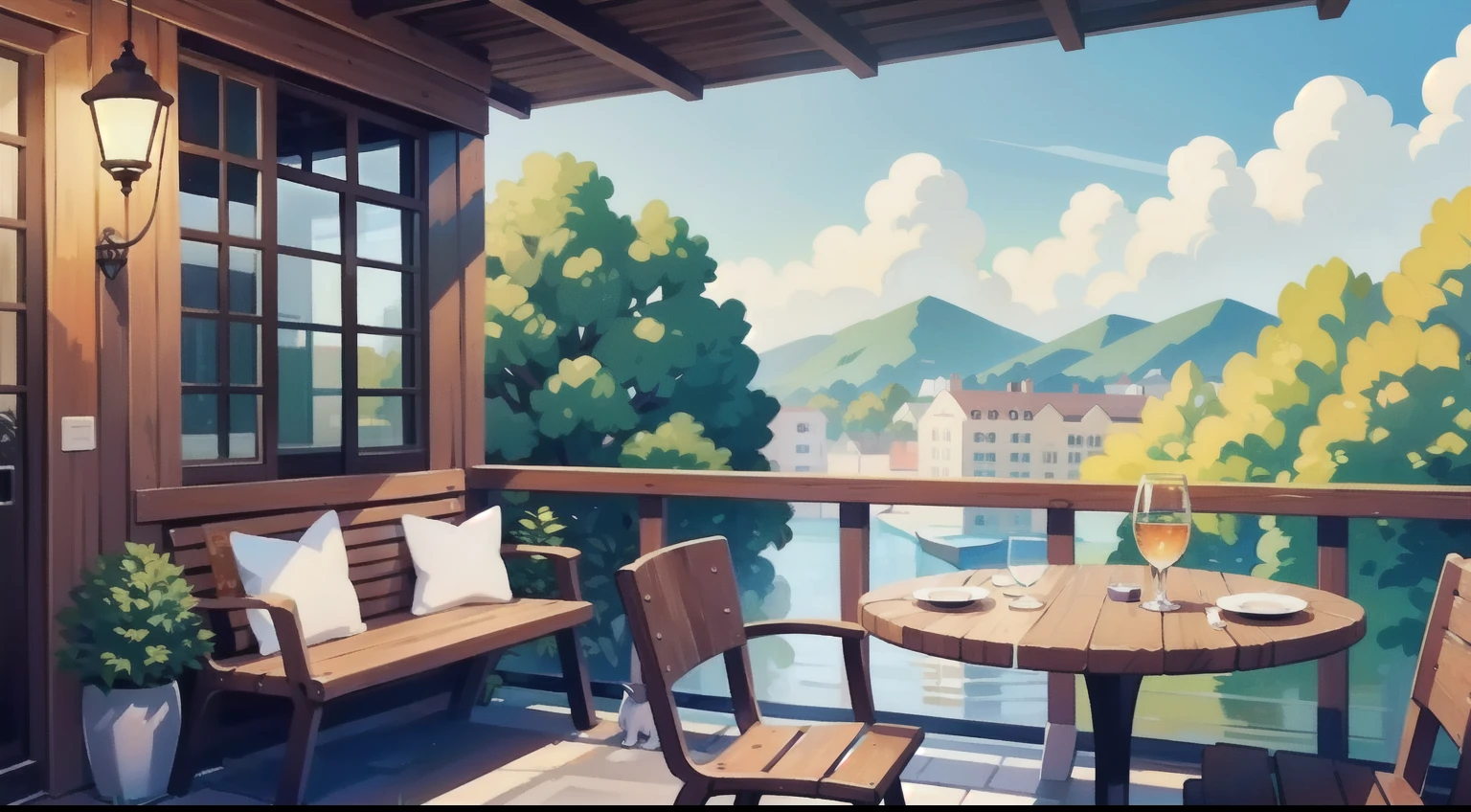 Hermosa pintura de paisaje、Asientos en la terraza del café、cielo azul、ultra calidad、Mesa、Natural Color、Perro marrón en una silla、Perro negro