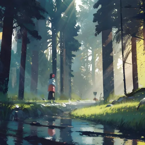 forest melody, Analog Color Theme, Lo-Fi Hip Hop , retrospective, flat, 2.5D ,Draw a line, Ink Drawing, Large slope, Watercolor painting, Goosch Colors, Studio Ghibli Style, Awesome colorful, Outerwear, Krautrock, lofi art, 70's style,Old texture, amplitud...