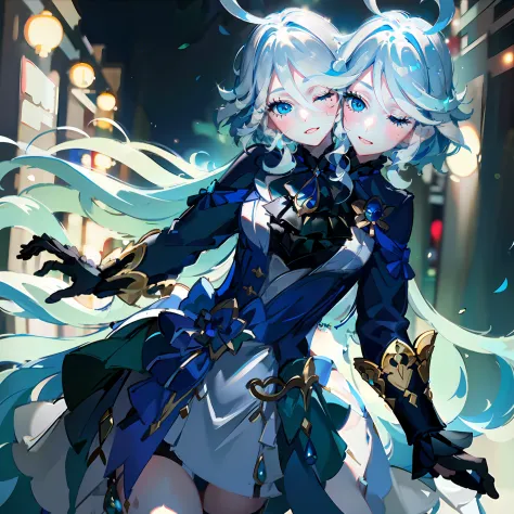 (masterpiece, best quality), best resolution, (2heads:1.5), 1girl, furina character, white hair, teal eyes, three eyes open and one eye closed, open mouth, happy, party clothes, festive street parade at night, close-up