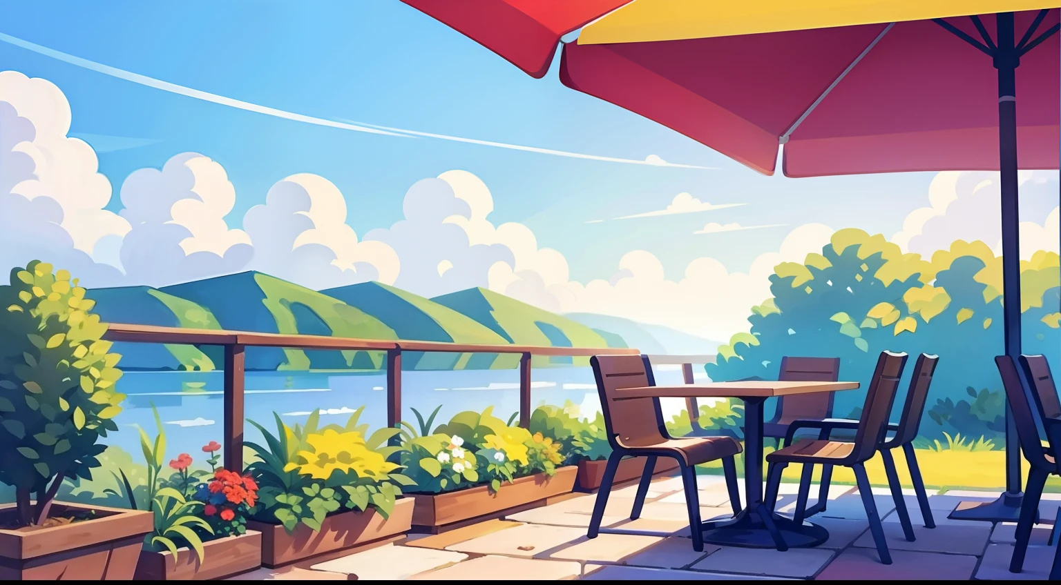 美丽的风景画、咖啡厅露台座位、蓝天、超高品质、桌上、自然色、棕色的狗坐在椅子上