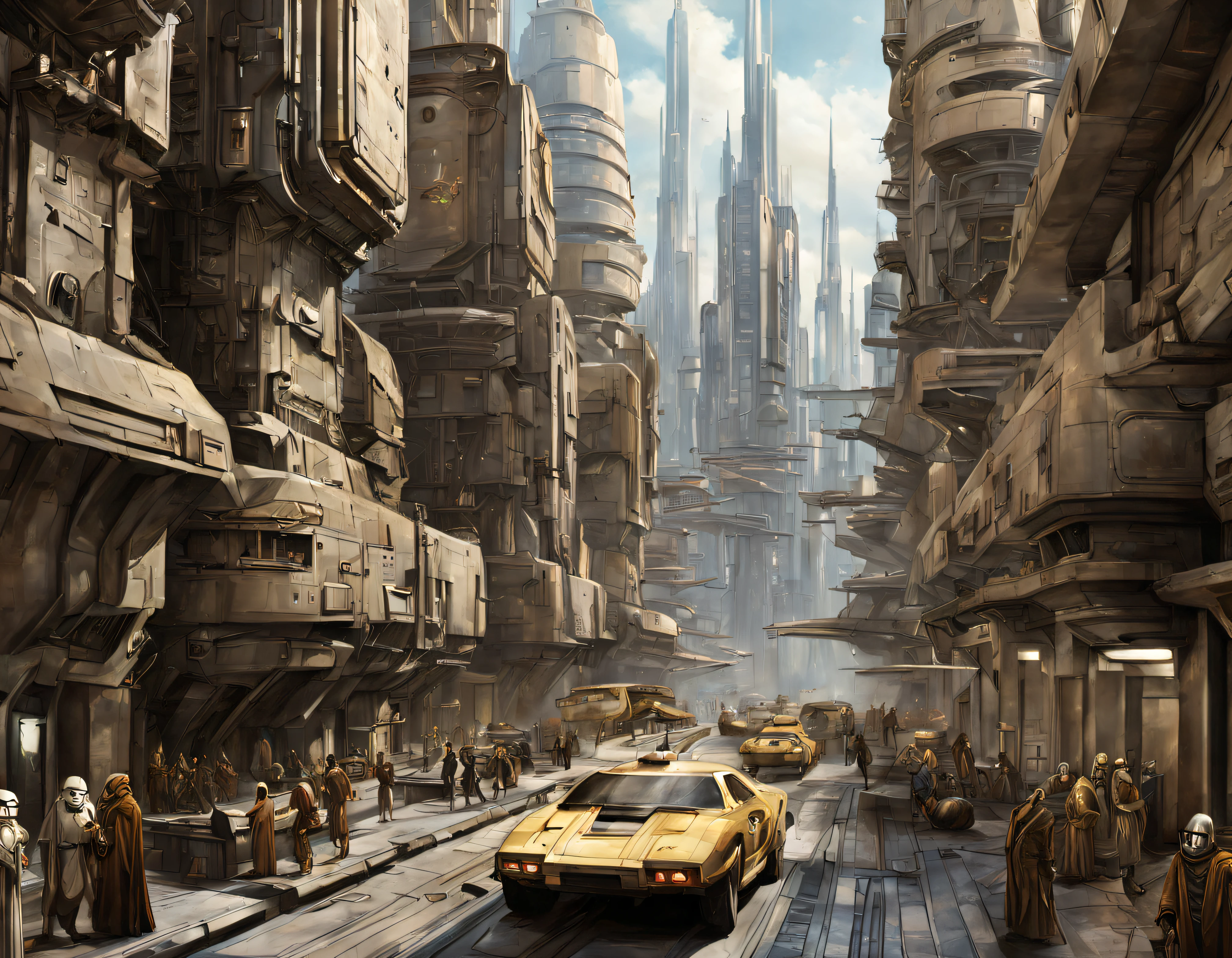 The city of Coruscant from Star Wars as designed by Doug Chiang, futuristic fantasy city with immense buildings of technological design (que forman una avenida infinita), edificios compactor no difuminados, con estructuras acristaladas en plata, oro y bronce espectaculares, (con colores vivos). pavimento ensolado (sin brillo). gente paseando. imagen bien definida con muchos edificios juntos. imagen nitida bien definida 8k. los edificios llegan alta el fondo.,8k. imagen cinematografica. iluminacion hora dorada. calidad superior. (obra maestra).