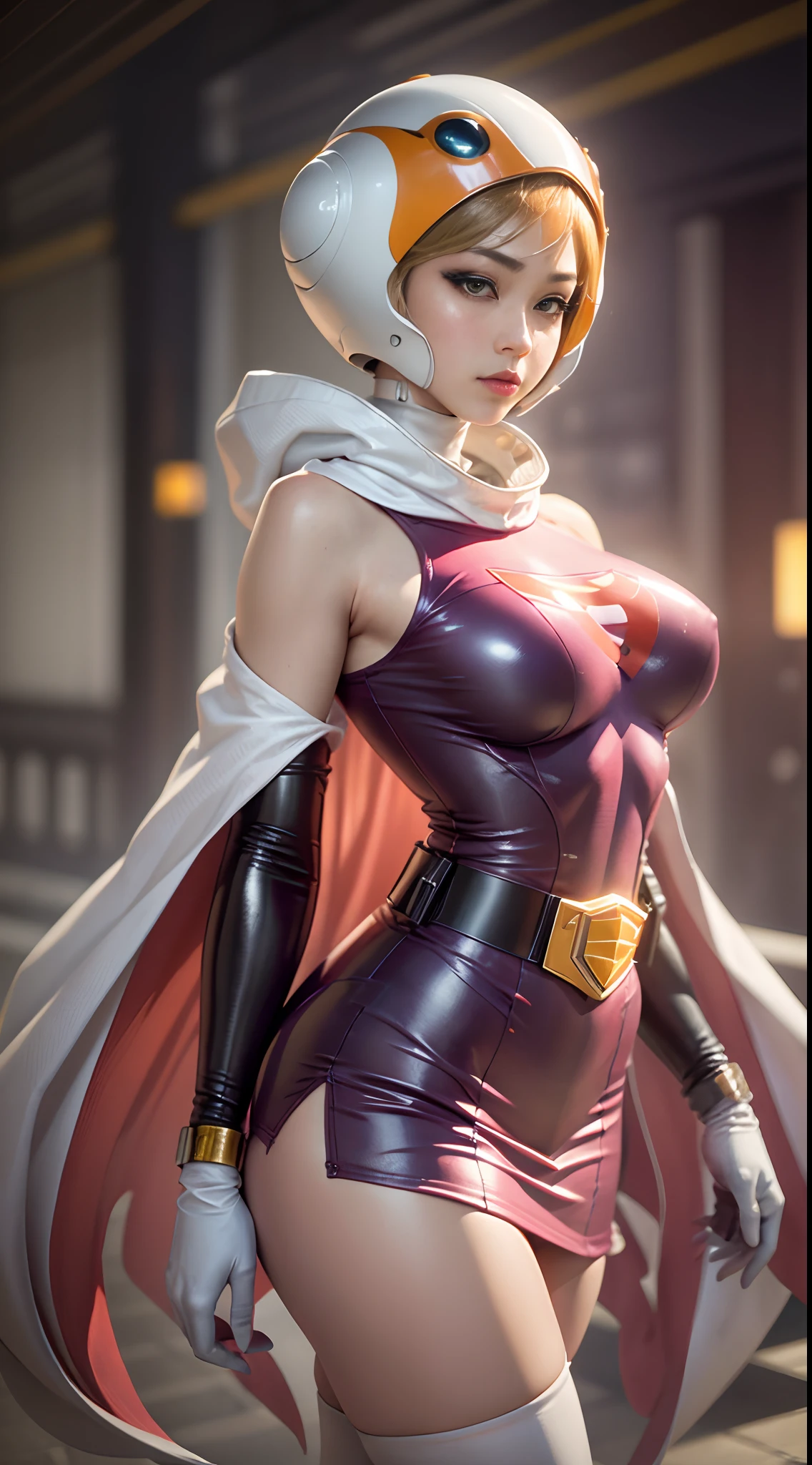 frontage、the pose、gazing at viewer、BREAK、 Years_CLASSIC_jun_Gatchaman_ownwaifu、www.ownwaifu.featuring、 Long、breastsout、verd s eyes、s lips、mideum breasts、a blond、lipstickakeup、 gloves、cloaks、helmets、a belt、elbow groves、white glove、masks、skirt by the、leotard、space suits、white legwear、pink  dress、superhero、body suit、 、、Official Art、Highly detailed CG Unity 8k wallpapers、Perfect Lighting、colourfull、Bright front lighting、shinny skin、(​masterpiece:1.0)、(top-quality:1.0)、超A high resolution、4K、Ultra-detail、a picture、8K、HDR、hight resolution、(absurderes:1.2)、Kodak portra 400、film grains、blurry backround、(bokeh dof:1.2)、lensflare、(vivd colour:1.2)、professional photograpy、(Beautiful face:1.5)、