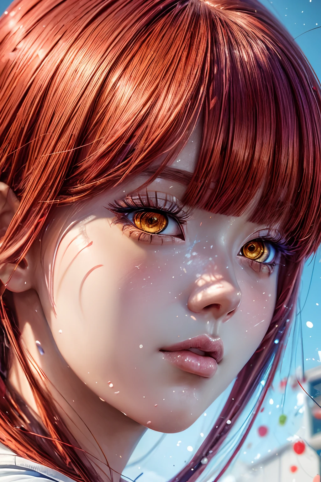 masterpiece, best quality, (extremely detailed CG unity 8k wallpaper, masterpiece, best quality, ultra-detailed, best shadow), (detailed background), (beautiful detailed face, beautiful detailed eyes), High contrast, (best illumination, an extremely delicate and beautiful),1girl,((colourful paint splashes on transparent background, dulux,)), ((caustic)), dynamic angle,beautiful detailed glow,full body, paint splash on face.  close up of a woman, anime girl with red hair and a white shirt and tie, a character portrait by Yang J, pixiv, shin hanga, portrait of an anime girl, female anime character, portrait anime girl, portrait of asuka langley soryu, beautiful anime portrait, detailed portrait of anime girl, anime character, realistic anime artstyle, anime girl portrait, anime character portrait