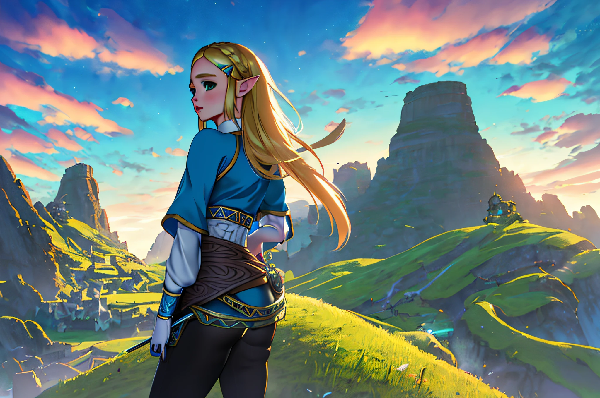 best quality, 4k, high resolution, masterpiece: 1.2, ultra detailed, realistic, photorealistic: 1.37,anime: painting style, we see Link, character from the Zelda game, standing on a cliff overlooking a city, in front of a fantasy city, 2.5d cgi anime fantasy illustrations, breath of the wild art style , highly detailed official art illustrations, botw, 4k highly detailed digital art, ross tran. scenic background, zelda botw, 8k high quality detailed art, hyrule, amazing wallpaper