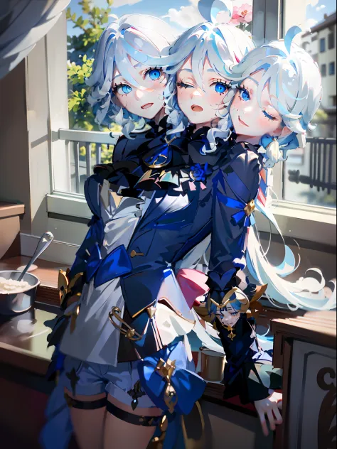 (masterpiece, best quality), best resolution, (3heads:1.5), 1girl, furina character, weary, headache, hangover, in pain, dizzy, blue-white hair, brown eyes, one eye closed, open mouth, light blue t-shirt, tan pants, hand on forehead, apartment kitchen