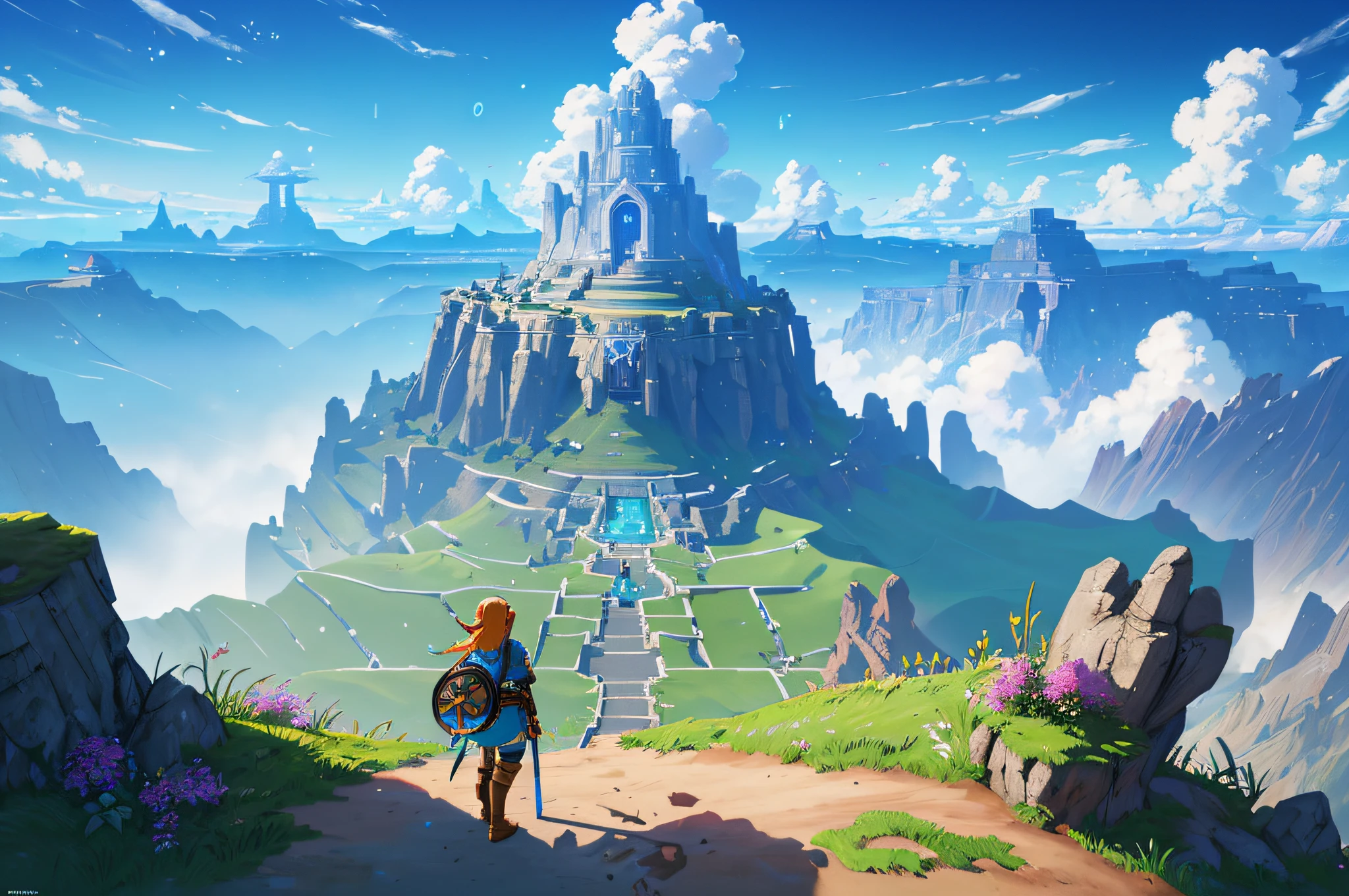 best quality, 4k, high resolution, masterpiece: 1.2, ultra detailed, realistic, photorealistic: 1.37,anime: painting style, we see Link, character from the Zelda game, standing on a cliff overlooking a city, in front of a fantasy city, 2.5d cgi anime fantasy illustrations, breath of the wild art style , highly detailed official art illustrations, botw, 4k highly detailed digital art, ross tran. scenic background, zelda botw, 8k high quality detailed art, hyrule, amazing wallpaper