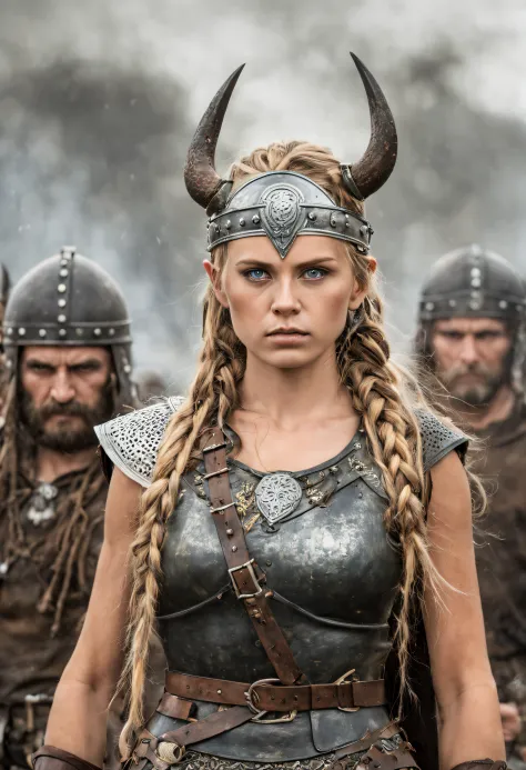 (cuerpo completo), guerrera vikinga, bellisima de ojos verdosos, con sus trenzas rubias largas, su casco de hierro y su correaje...