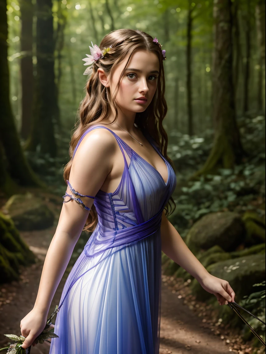 A woman in a blue dress holding a flower in a forest - SeaArt AI