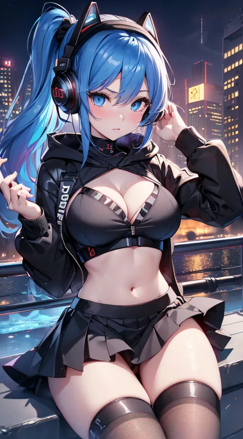 top-quality、Top image quality、​masterpiece、girl with((18year old、Best Bust、big bast,Beautiful blue eyes、Breasts wide open, Blue ponytail、A slender、Large valleys、Reflecting the whole body、Red face、Shining eyes、Headphones on the head,Black hoodie、Black short...