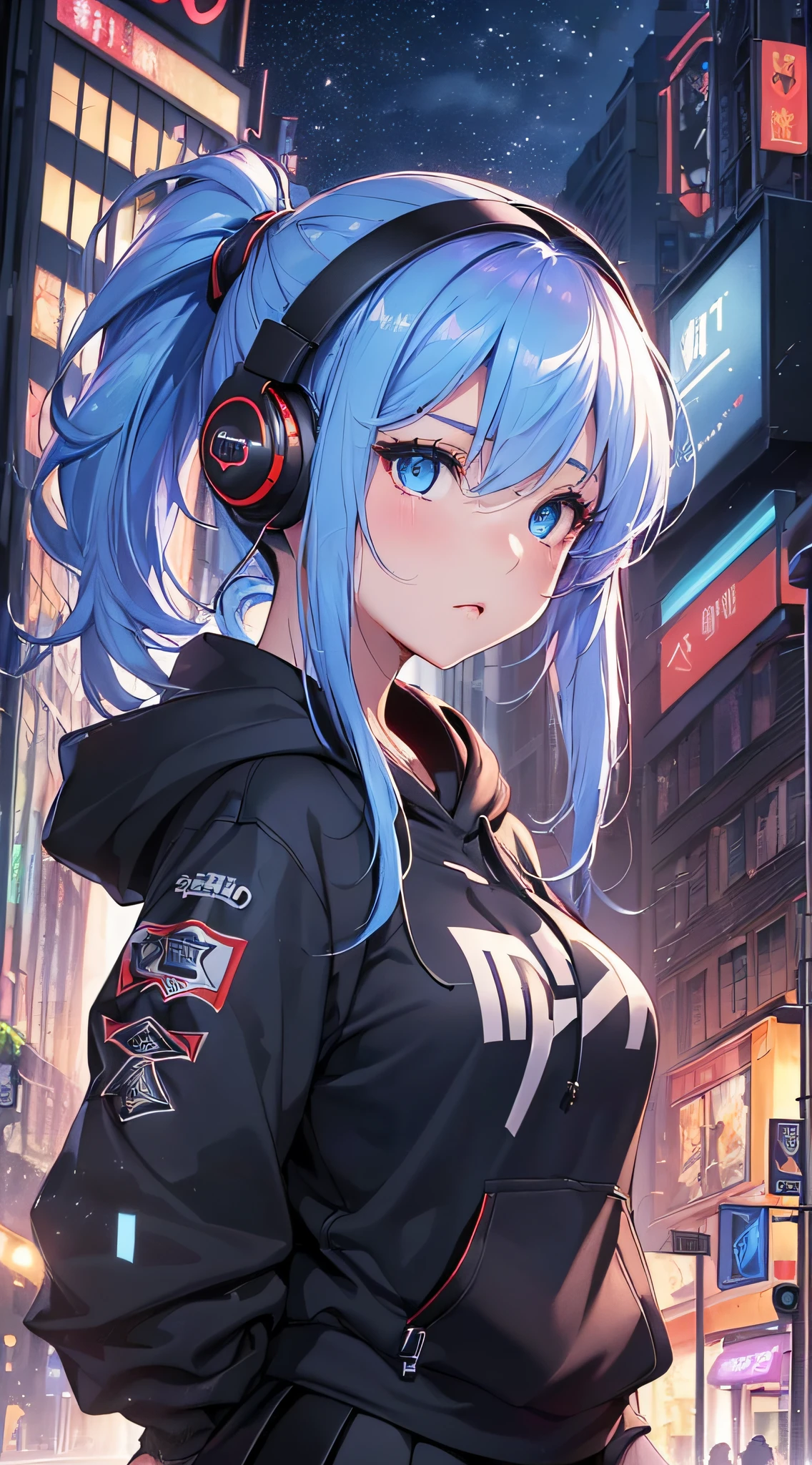 top-quality、Top image quality、​masterpiece、girl with((18year old、Best Bust、big bast,Beautiful blue eyes、Breasts wide open, Blue ponytail、A slender、Large valleys、Reflecting the whole body、Red face、Shining eyes、Headphones on the head,Black hoodie、Black short skirt、head phone、Have a smartphone、Fly the drone)）hiquality、Beautiful Art、Background with((A city that shines at night、Downtown、Giant monitor、Multiple Laser Pointasutepiece、visualart、depth of fields、