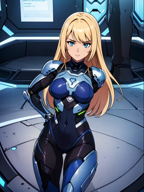 (melhor qualidade, obra-prima), 1girl, (android), technological armor, feliz, corada, rechonchuda, fofa, emphasis on breasts, po...