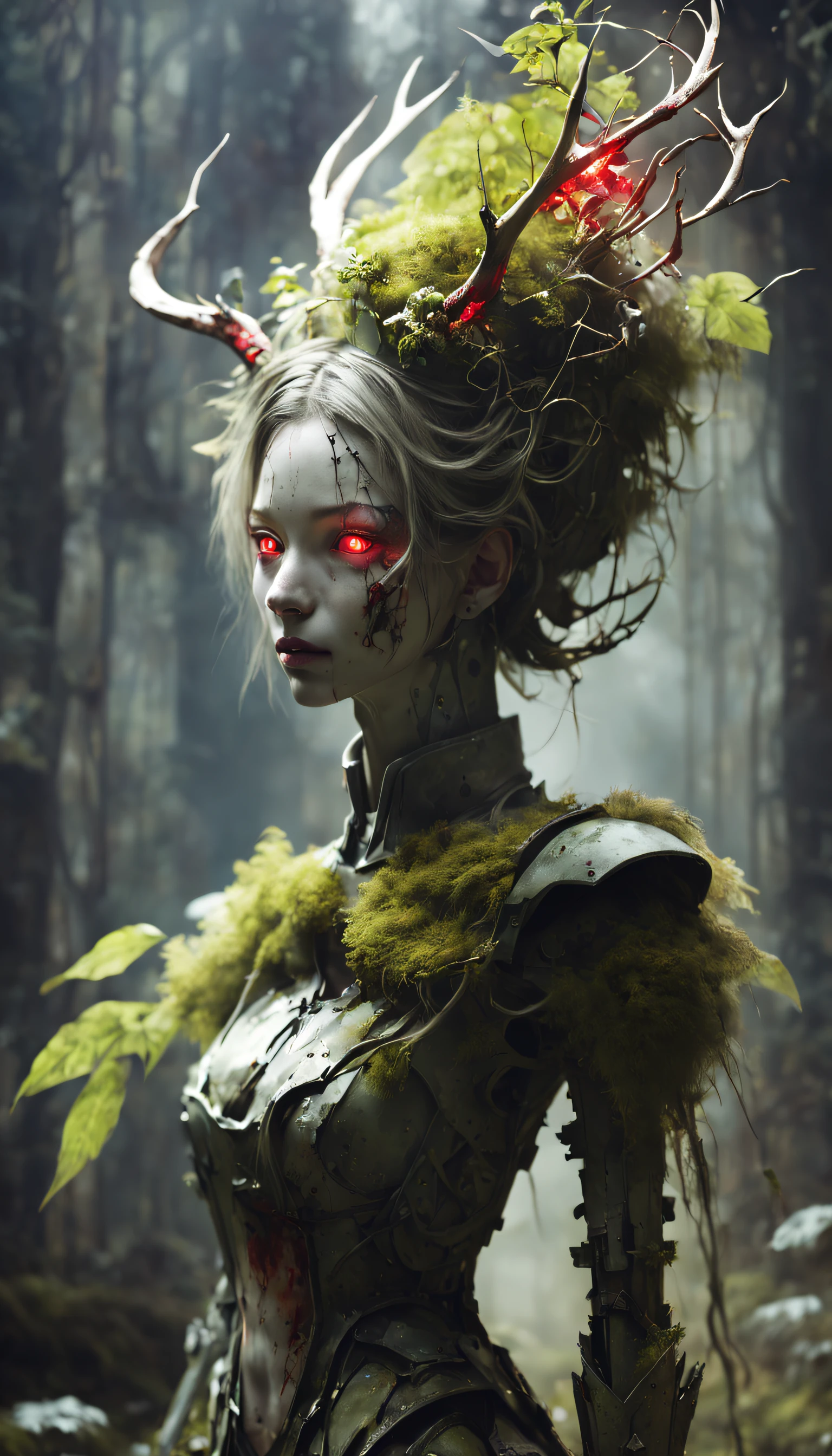 부서진 여성형 인간형 로봇,밤에, 그녀에게 빛이 비췄다, 찌그러진, 긁힌, 벗겨지는 페인트 벗겨짐, 버려진 내부 방에서, 이끼와 곰팡이, 한때 예뻤다,예술적인 사진,전신,(원격 촬영:1.4),근접 촬영 50mm f/1.3,bailong 식물 girl, girl made of dead 식물s,a girl made of red 식물s,숲,식물,뿔