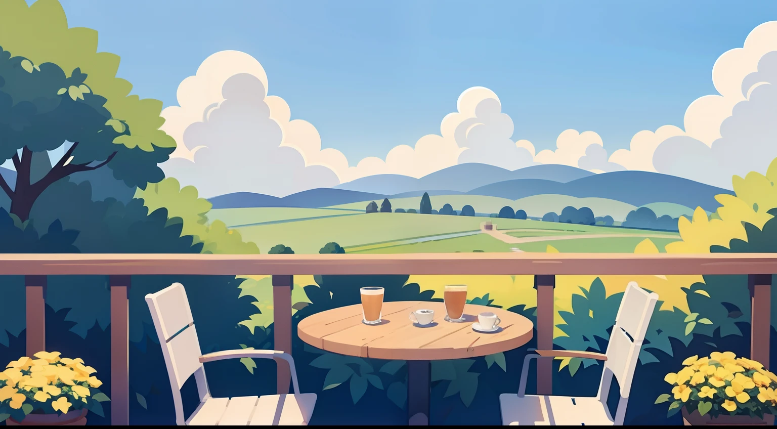 Красивая пейзажная картина、Кафе на террасе、голубое небо、ультра-качество、стол、естественный цвет、Коричневая собака пьет кофе
