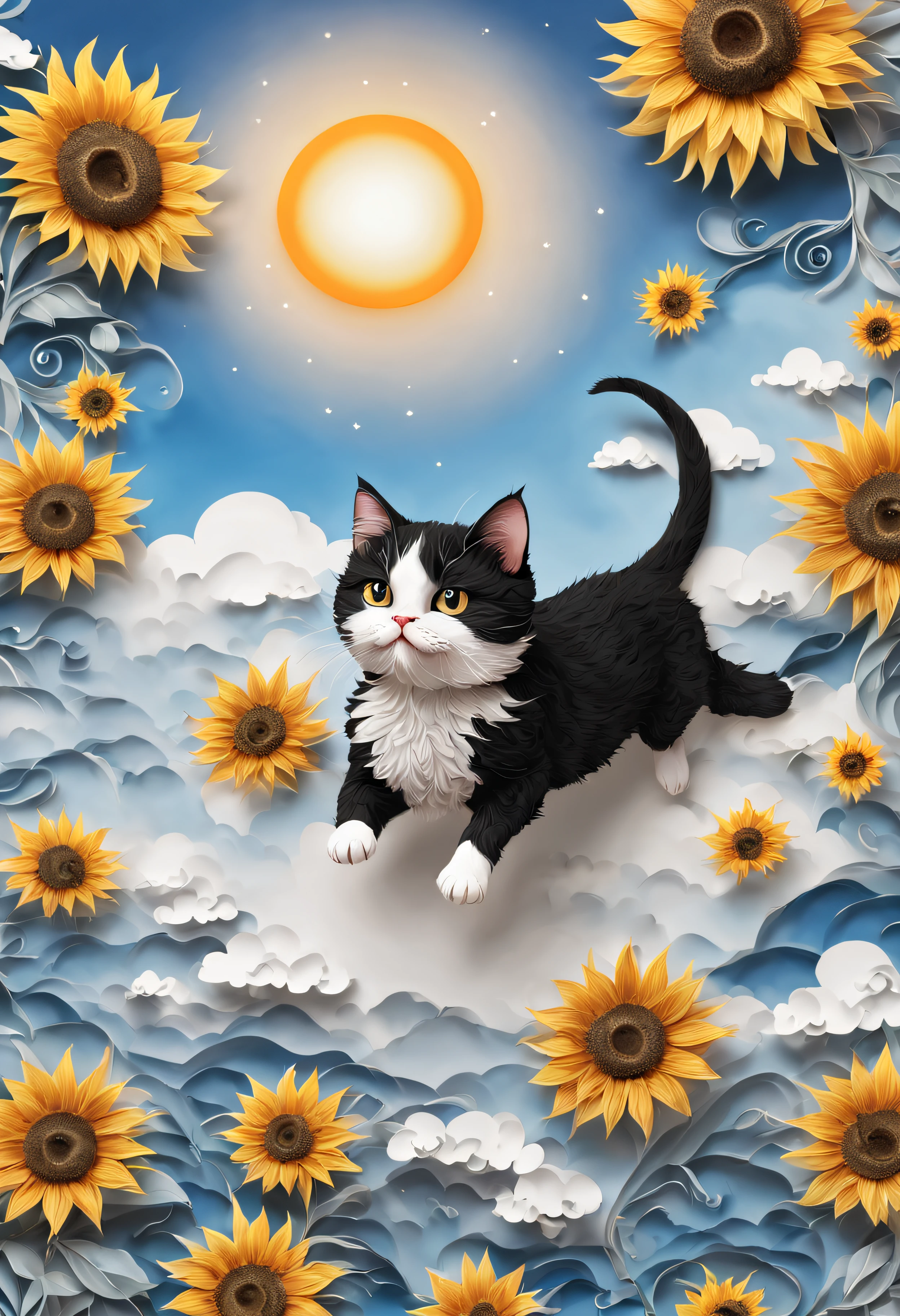 Jumping black and white cat、Sunflower、suns、with blue sky and white clouds、Papercut、Perfect litthing、high-detail、high-level image quality、High color rendering、hight resolution、A hyper-realistic、photo realistic