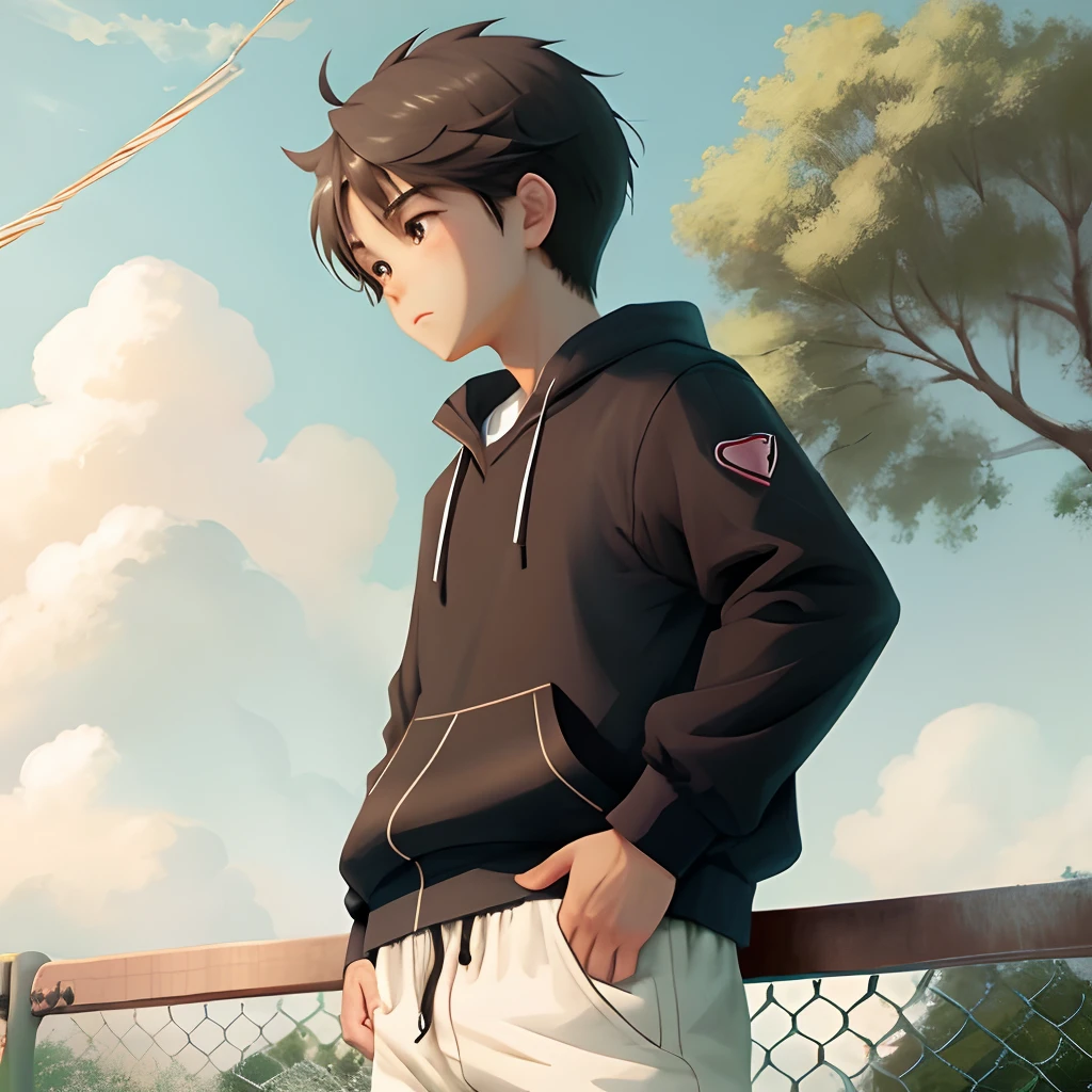 Anime boy in a black hoodie standing in front of a fence - SeaArt AI