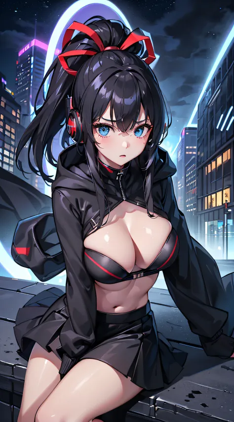 top-quality、Top image quality、​masterpiece、girl with((18year old、Best Bust、big bast,Beautiful blue eyes、Breasts wide open, Blue ponytail、A slender、Large valleys、Reflecting the whole body、Red face、Shining eyes、Headphones on the head,Black hoodie、Black short...