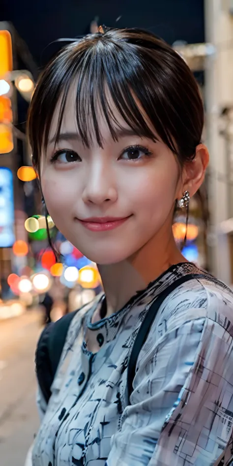 1girl, Tokyo street,night, cityscape,city lights,upper body,close-up,smile,, (8k, RAW photo, best quality, masterpiece:1.2),(rea...