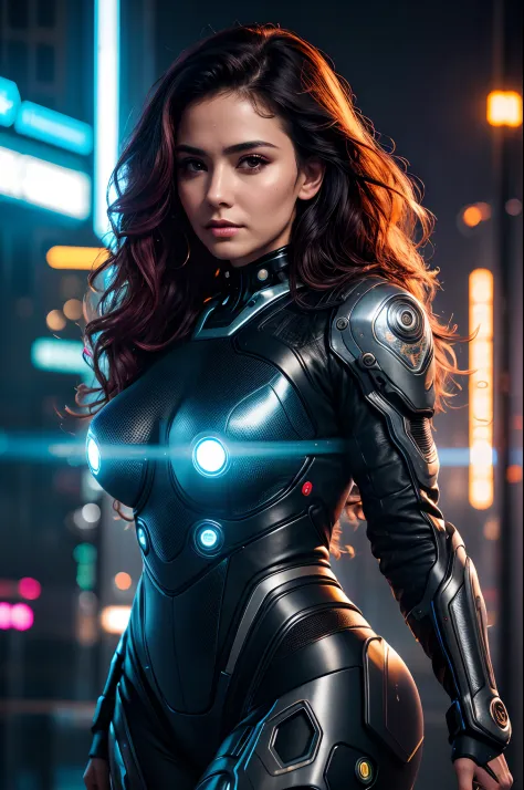 Angela is a beautiful 30 year old woman, wavy hair, detailed eyes, detailed face, high detail skin, strong compact body, wearing sexy futuristic cyberpunk clothing, futuristic cyberpunk city background, misty, wet, raining, best quality masterpiece, realis...