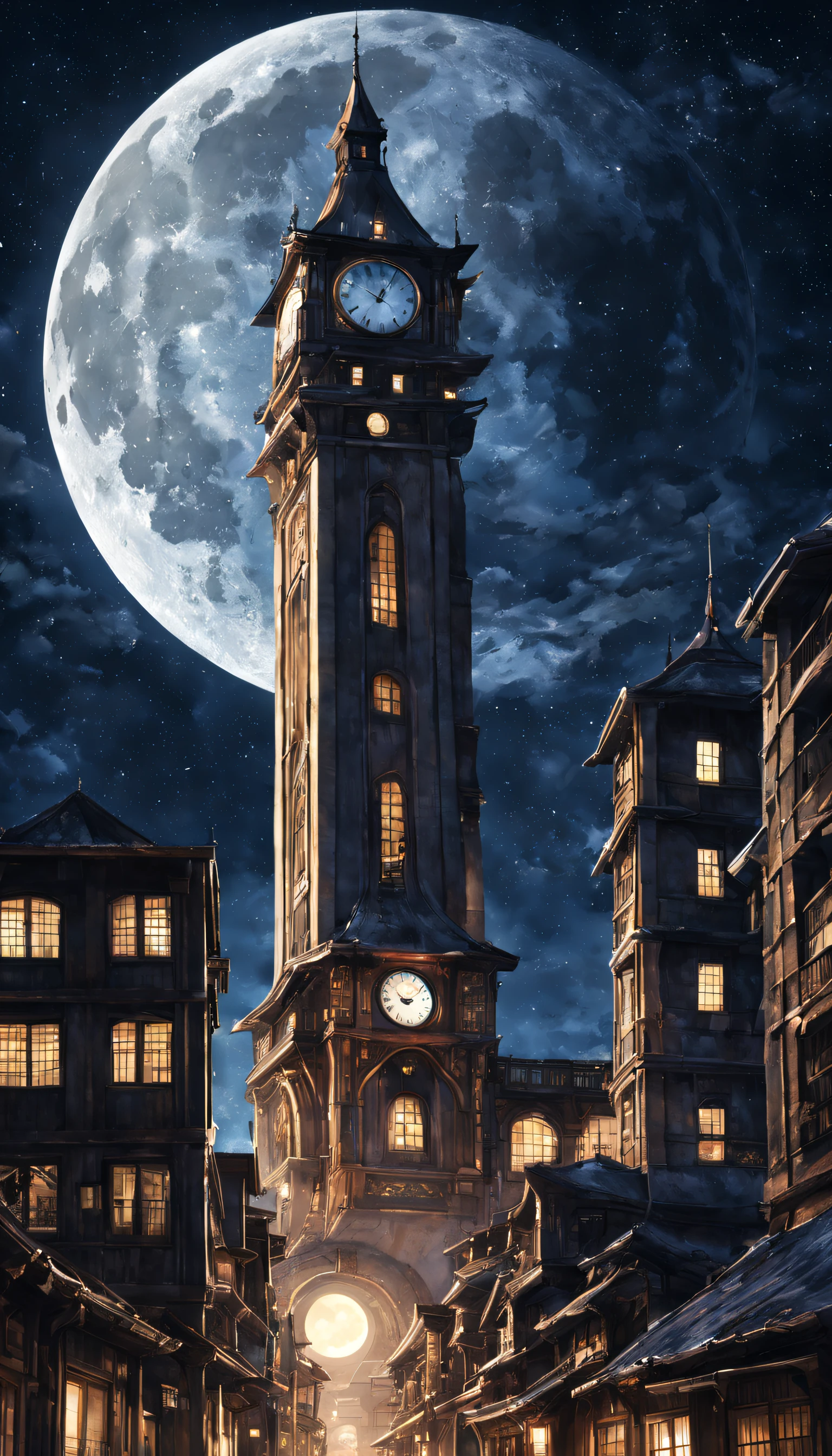 A city surrounded by high walls、City of Attack on Titan、Starry night sky、The big shining full moon、Elongated and tall clock tower building