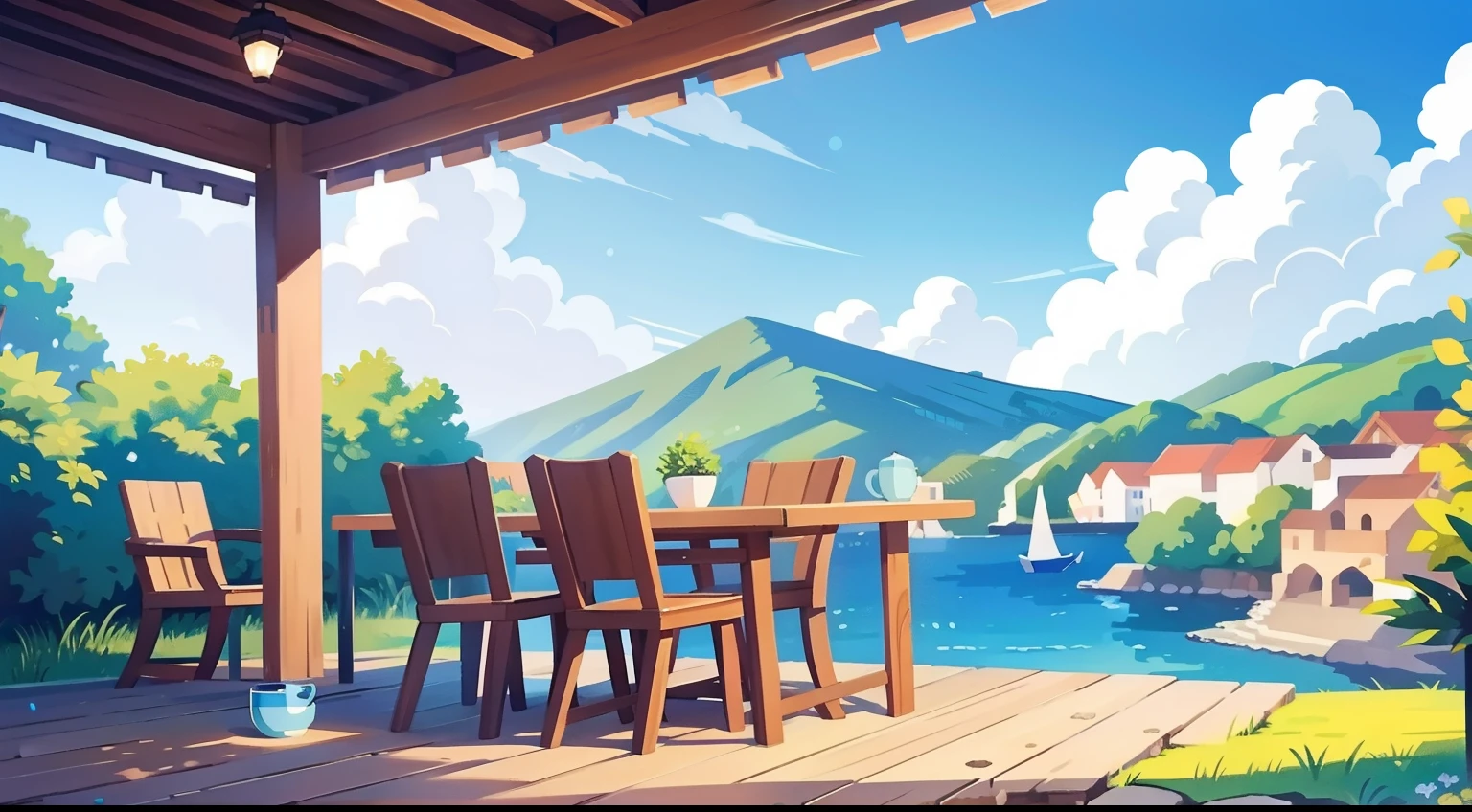 美麗的風景畫、咖啡廳露台座位、蓝天、超品質、桌上、自然色、喝咖啡的棕色狗