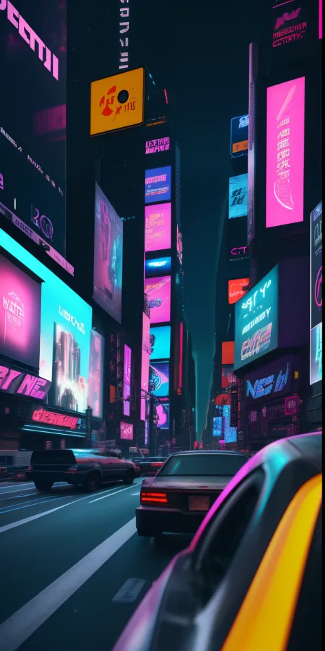 City streets are lit up at night，Neon signs and traffic, sci - fi scene future new york, vfx powers at night in the city, neo tokyo background, cyberpunk dreamscape, Neon city in the background, in times square, at cyberpunk city, cyberpunk aesthetics, vap...