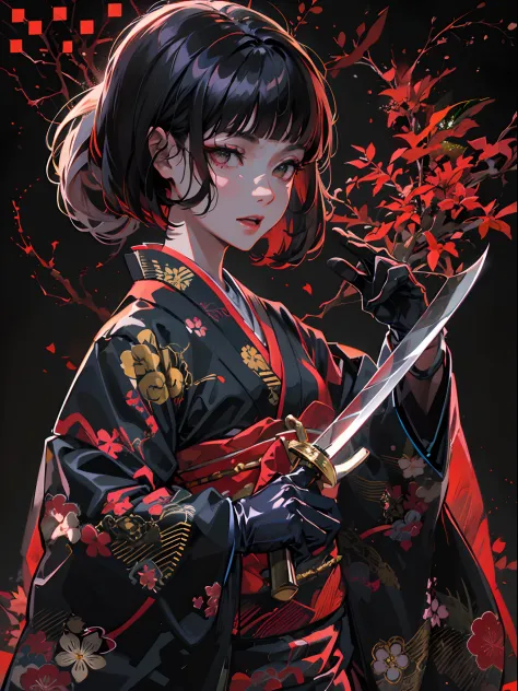 One woman wearing kimono, black background and intricate red patterns, full shot, holding a Japanese sword in her left hand, det...