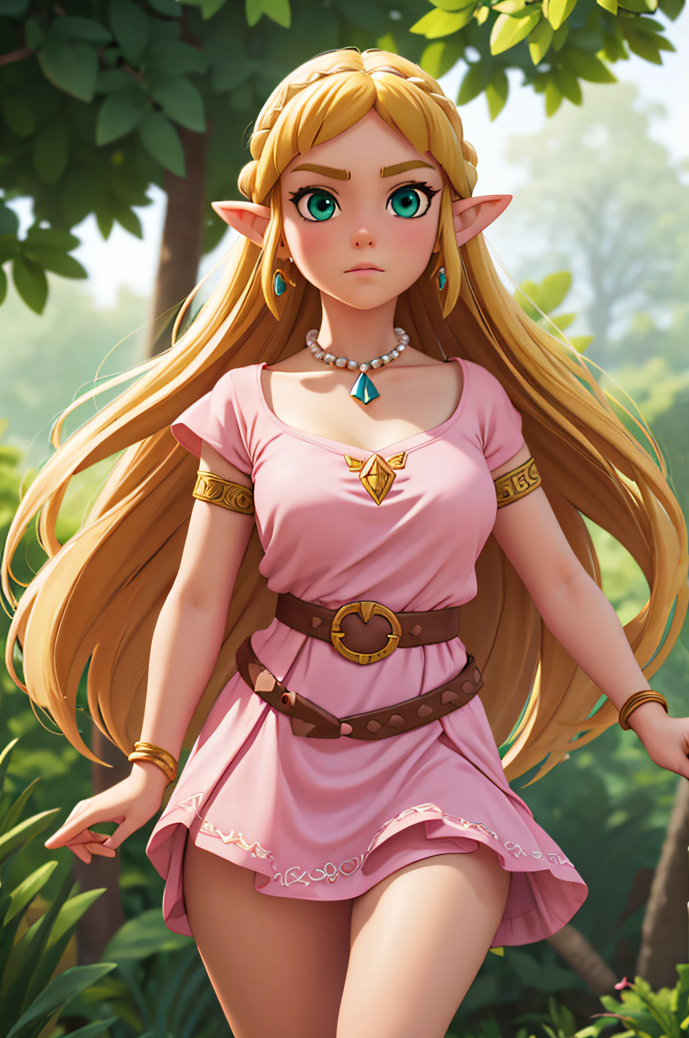princesszelda, princess zelda, blonde hair, (green eyes:1.5), pointy ears, long hair, parted bangs,
BREAK bead necklace, beads, belt, bracer, cape, circlet, collarbone, dress, earrings, jewelry, necklace, triforce, triforce earrings, v-shaped eyebrows, white cape, (pink dress:1.5),
BREAK looking at viewer, full body,
BREAK outdoors,
BREAK (masterpiece:1.2), best quality, high resolution, unity 8k wallpaper, (illustration:0.8), (beautiful detailed eyes:1.6), extremely detailed face, perfect lighting, extremely detailed CG, (perfect hands, perfect anatomy),