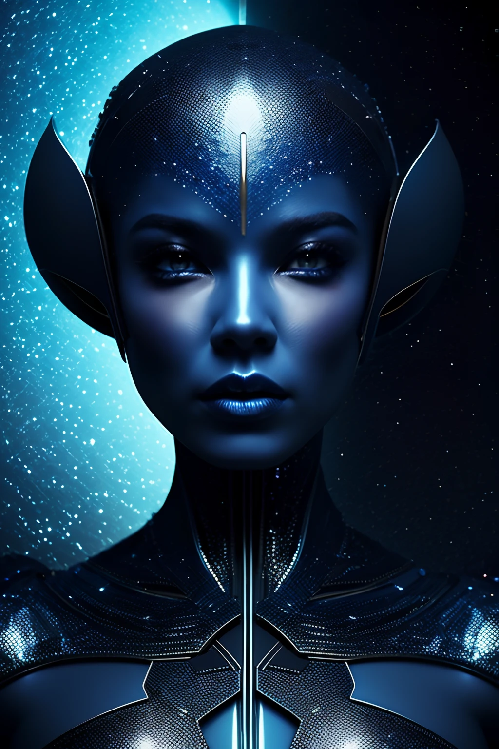 Alien woman, blue skin, high quality, stars, detailed, light particles, masterpiece, 8k, wallpaper quality, rich in colours, night sky, sparkling, intricate details, cosmic background