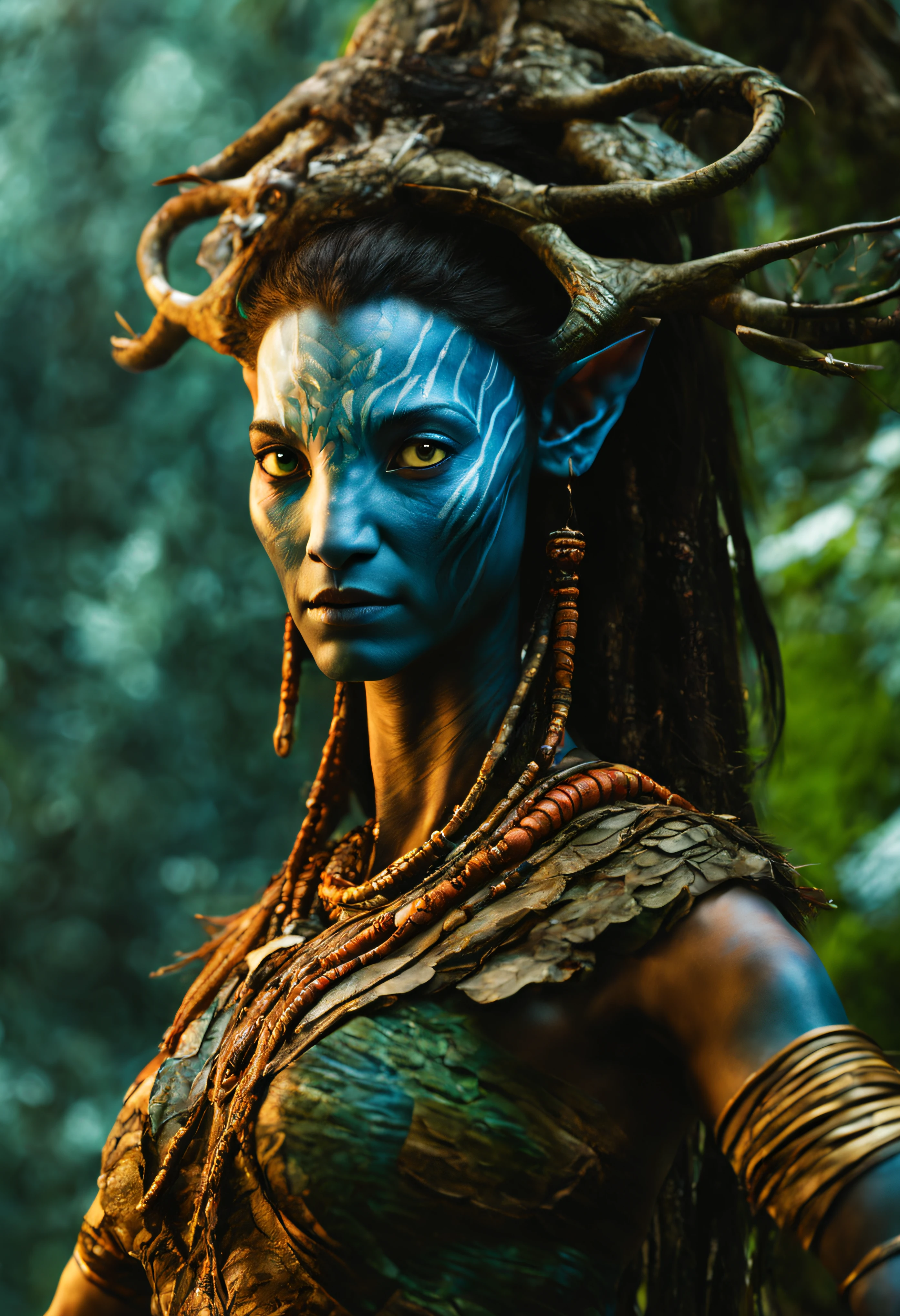 A woman with blue makeup and horns in a forest - SeaArt AI