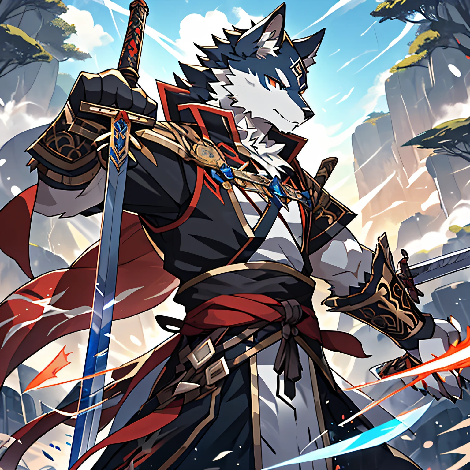 anime, Anime art, White wolf, sword, sword, sword, sword, sword, sword, sword, sword, sword, sword, sword, sword,, From Arknights, handsome guy in demon killer art, Keqing from Genshin Impact, detailed anime character art, crisp clear rpg portrait, trending on artstation pixiv, dnd fantsay art