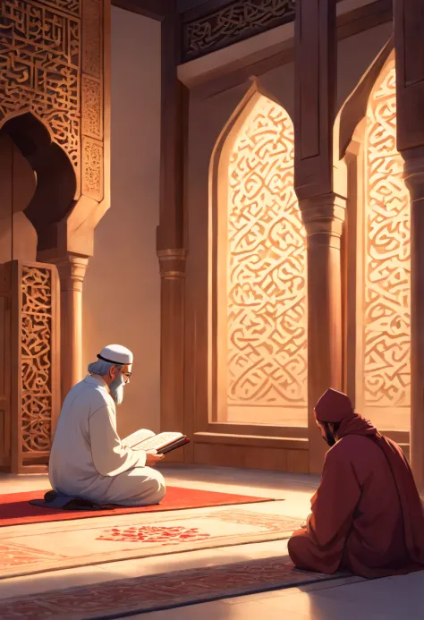 Man reading Quran in the mosque, back view, beautiful detailed eyes, long beard, white thobe, peaceful atmosphere, soft lighting...