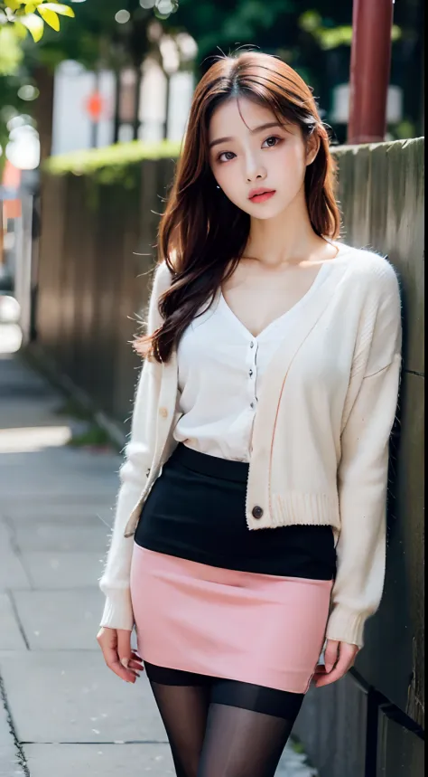 Best Quality, full-body portrait, a delicate face, beautifull face, Big Eyes: 1.1, makeups: 1.3, 25yo female, (((slender fit body))), Small bust, White Office Shirt, cardigan, Pink Hip Skirt, Black stockings, outdoor scene, standing posture