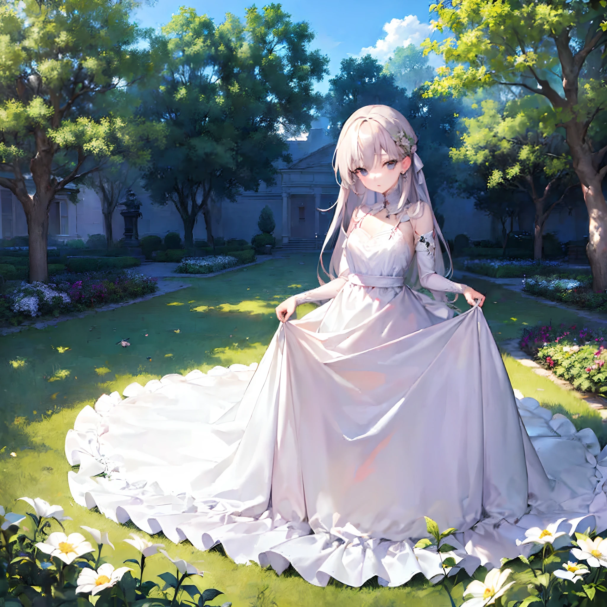 (​masterpiece、top-quality、top-quality、Official art、Beautifully Aesthetic:1.2)、((1girl in))、Stand in the garden、looking at the viewers、(Longer dress)