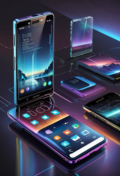 Image of the design of the future Nokia phone, A smartphone with a crystal glass structure, Holographic hard light screen, The scene shows different applications, Futuristic technology，Deploy Linux applications on your phone, Android icon, Linux icon, Smoo...