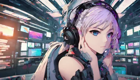 (best quality,4k,ultra-detailed,realistic),cartoon style,cyberpunk,short hair,thick hair,digital punk,anime style,blonde hair,computer room,overhead gaming headset, network on scrrens