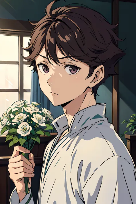 1 man, oikawa tooru, looking in front, facing forward, looking at viewer, perfect face, flowers, plants, cinematic lighting, inn...