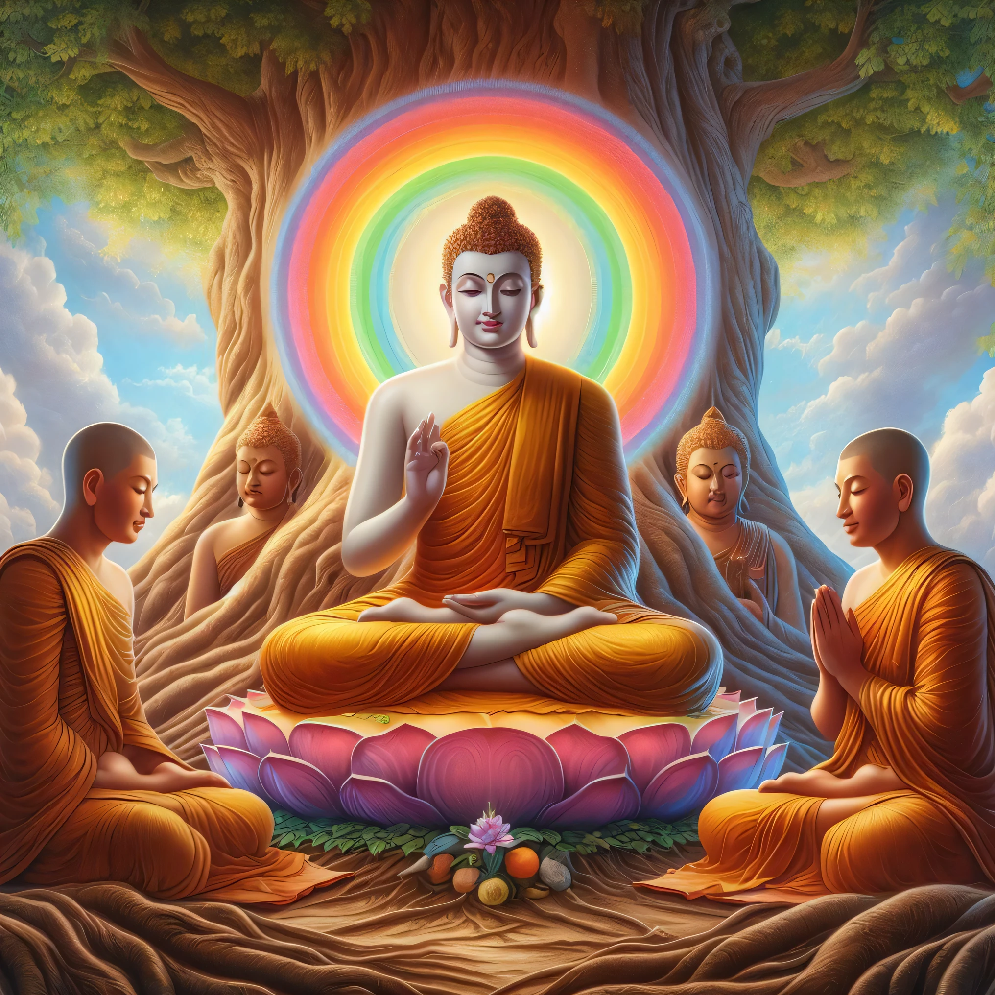 Buddha Sitting In Lotus Position With Other Monks Around, Buddhism, On 