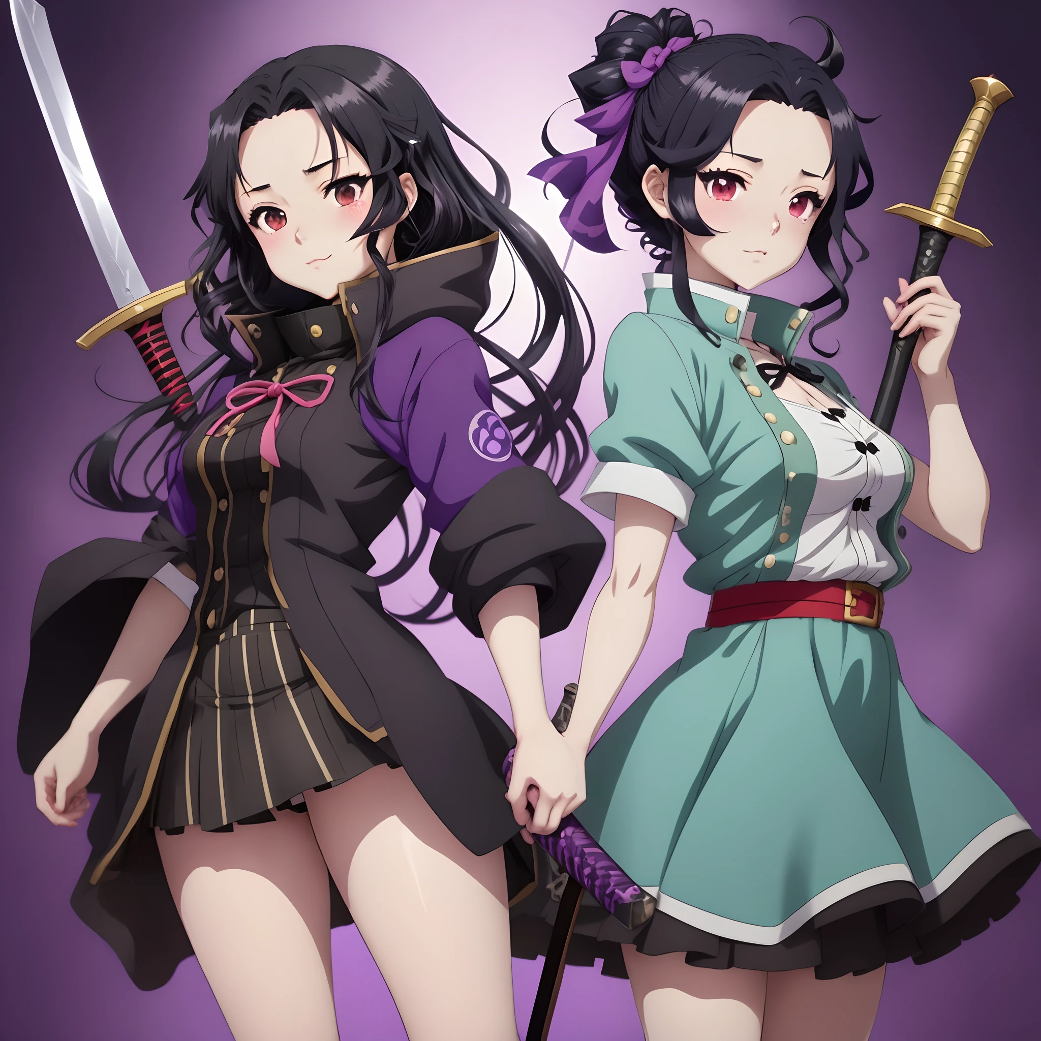 Two anime girls with swords and a purple background - SeaArt AI