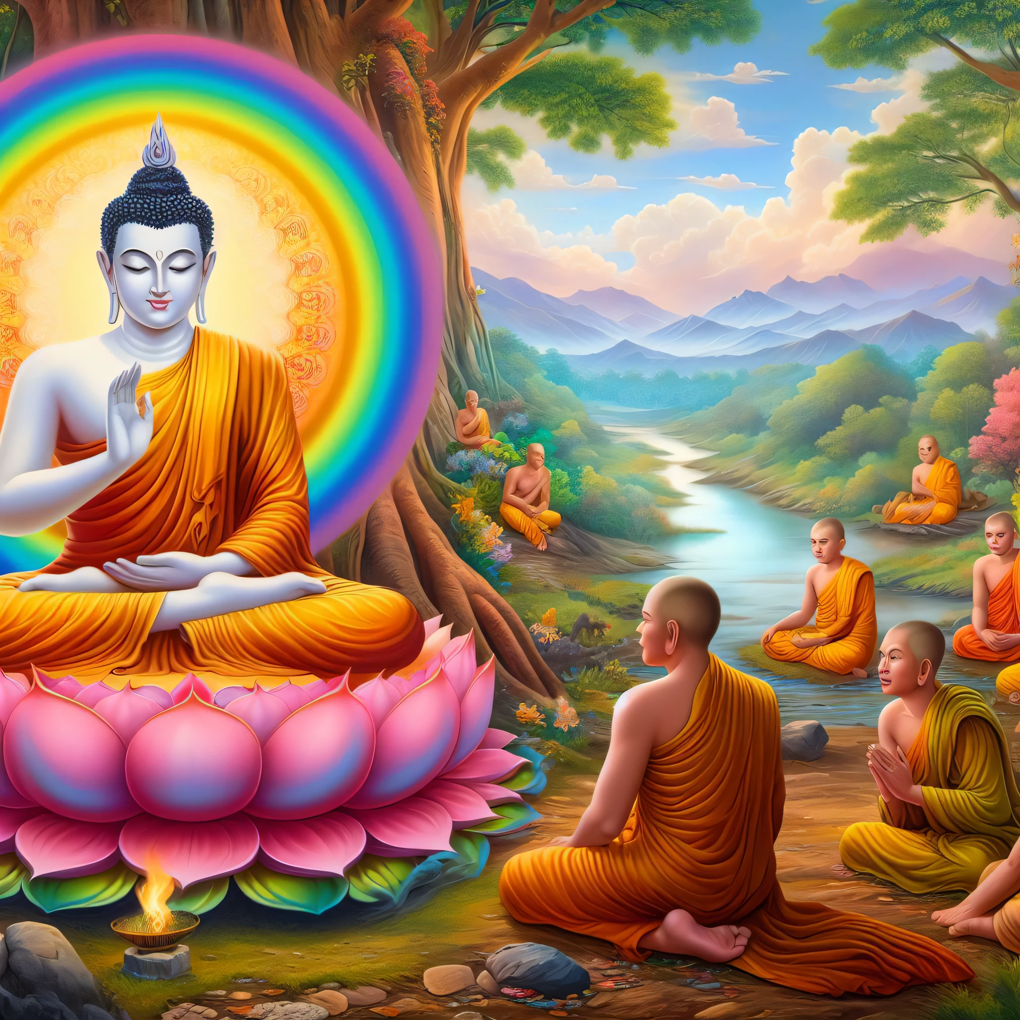 Buddha sitting on lotus with rainbow in the background - SeaArt AI