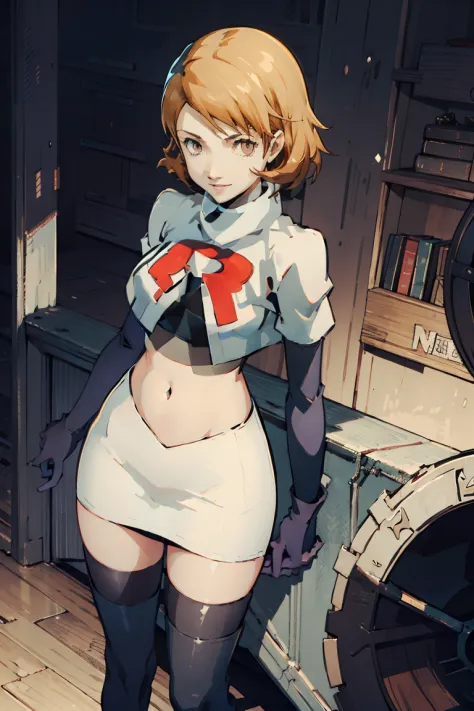 takeba_yukari (Persona 3) ,brown hair, team rocket, team rocket uniform, red letter R, white skirt, white crop top, black thigh-...