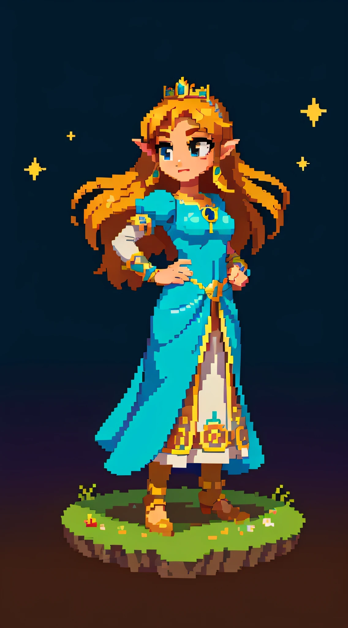 La princesse Zelda représentée dans un style pixel art, se tenant gracieusement sur un fond simple d’une nuit étoilée, sa robe et son diadème emblématiques brillent de couleurs pixellisées vibrantes, évoquant un sens nostalgique de l’esthétique classique du jeu vidéo, Pixel art, créé avec Piskel